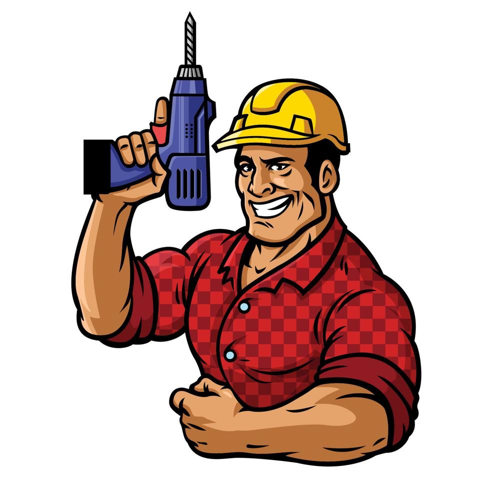 muscular construction worker with drill vector