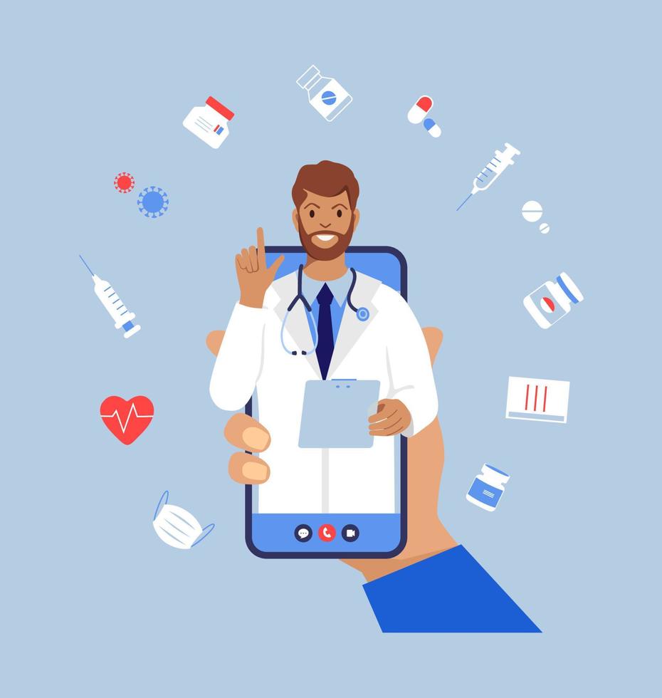 Online doctor. Virtual medicine. Hand hold cellphone. Mobile app for call to physician. Ask medic. Health consultation, diagnosis. vector