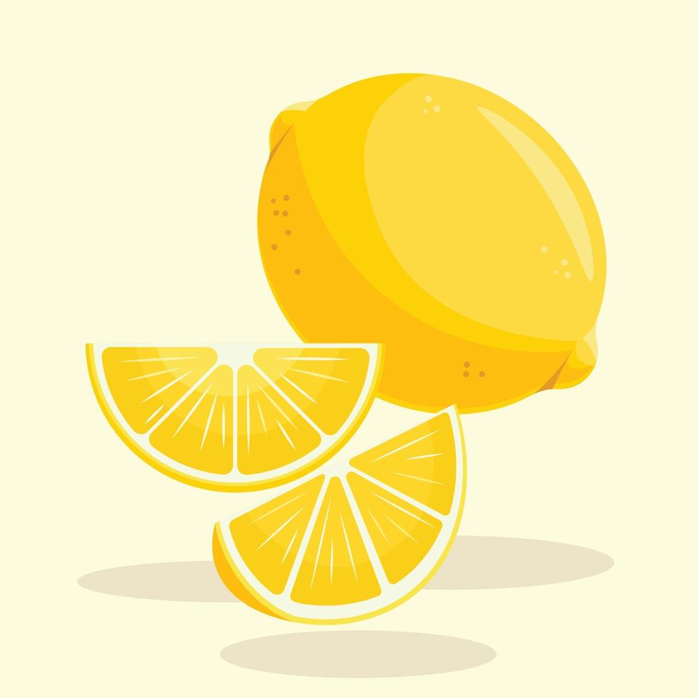 Quarter Sliced Lemon and Whole Lemon Vector Illustration. Fresh Yellow Lime Flat Design