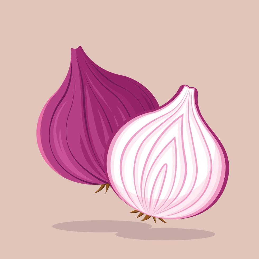 Red Onion Vector Illustration. Half Sliced and Whole Purple Red Onion with Root. Flavor Vegetable Ingredient