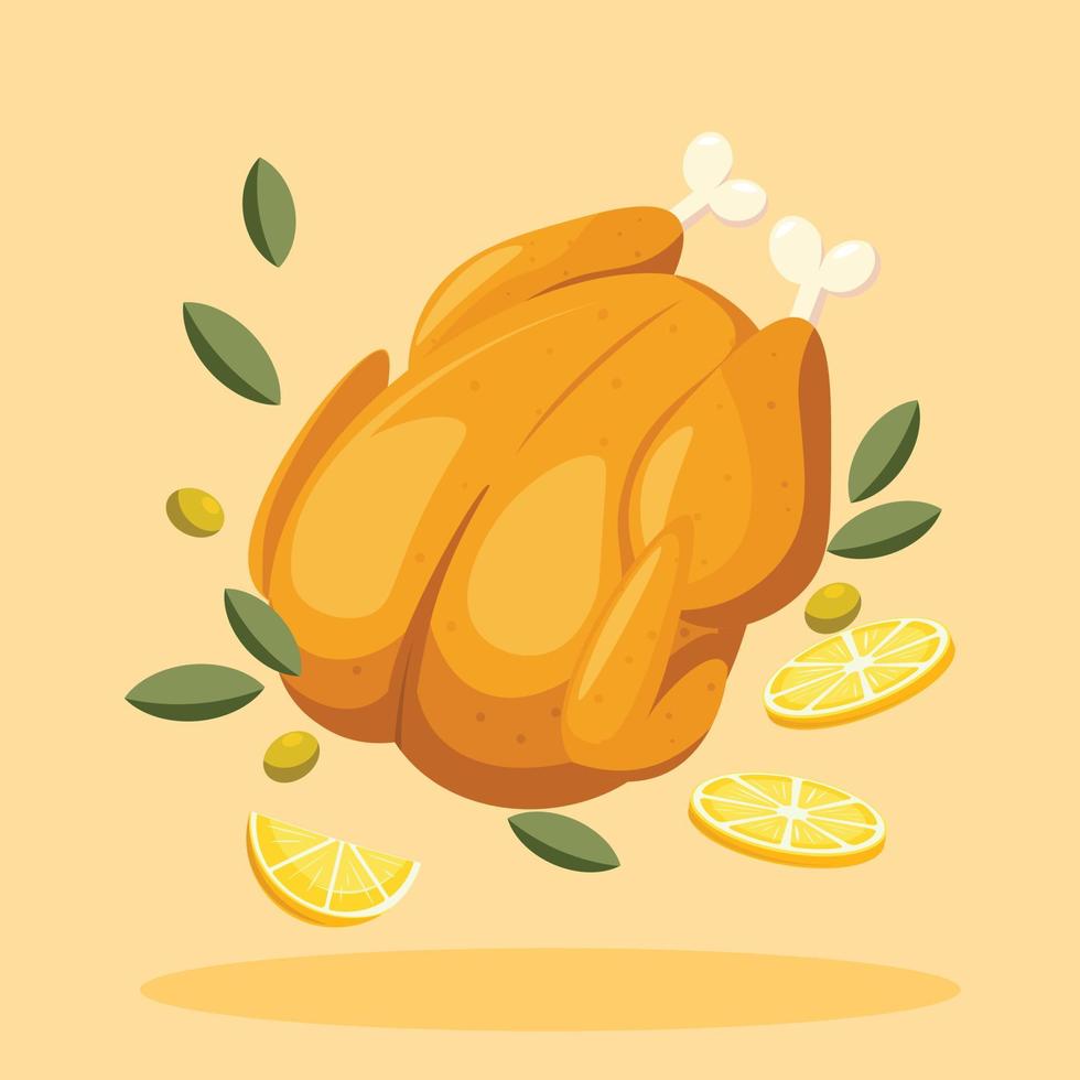 Roasted Turkey Vector Illustration with Lemon Sliced and Olive for Thanks Giving and Halloween Celebration. Roasted Bird. Roasted Chicken.