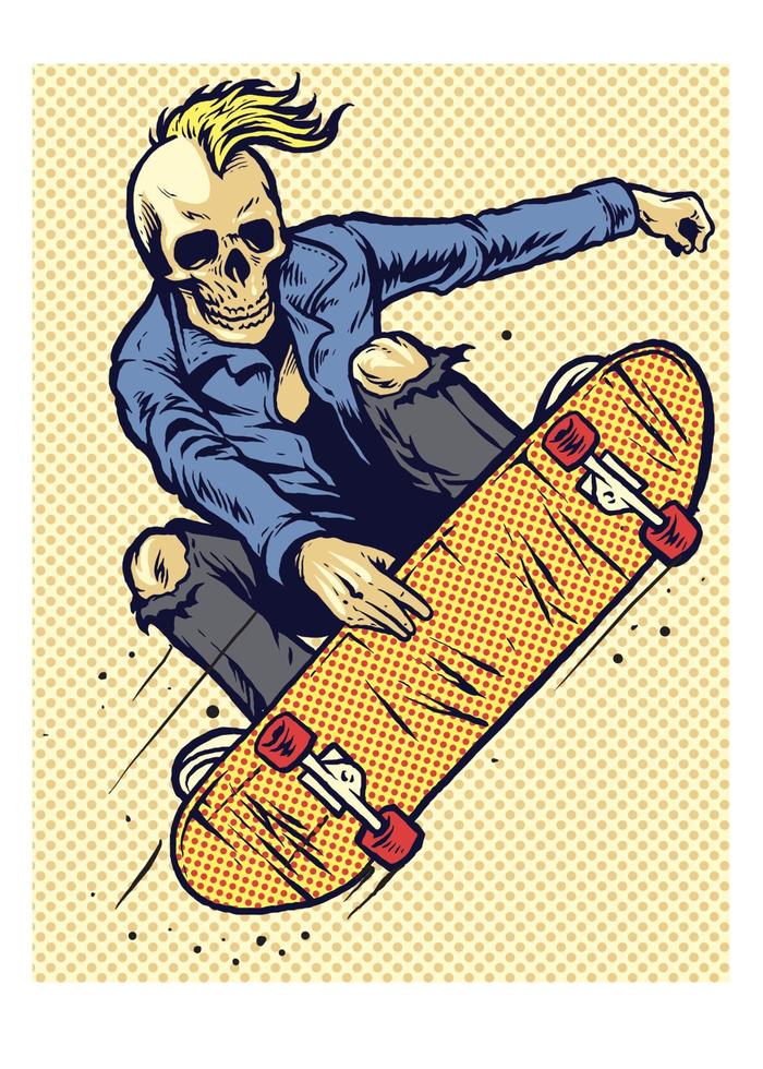 hand drawing style skull play skateboarding vector
