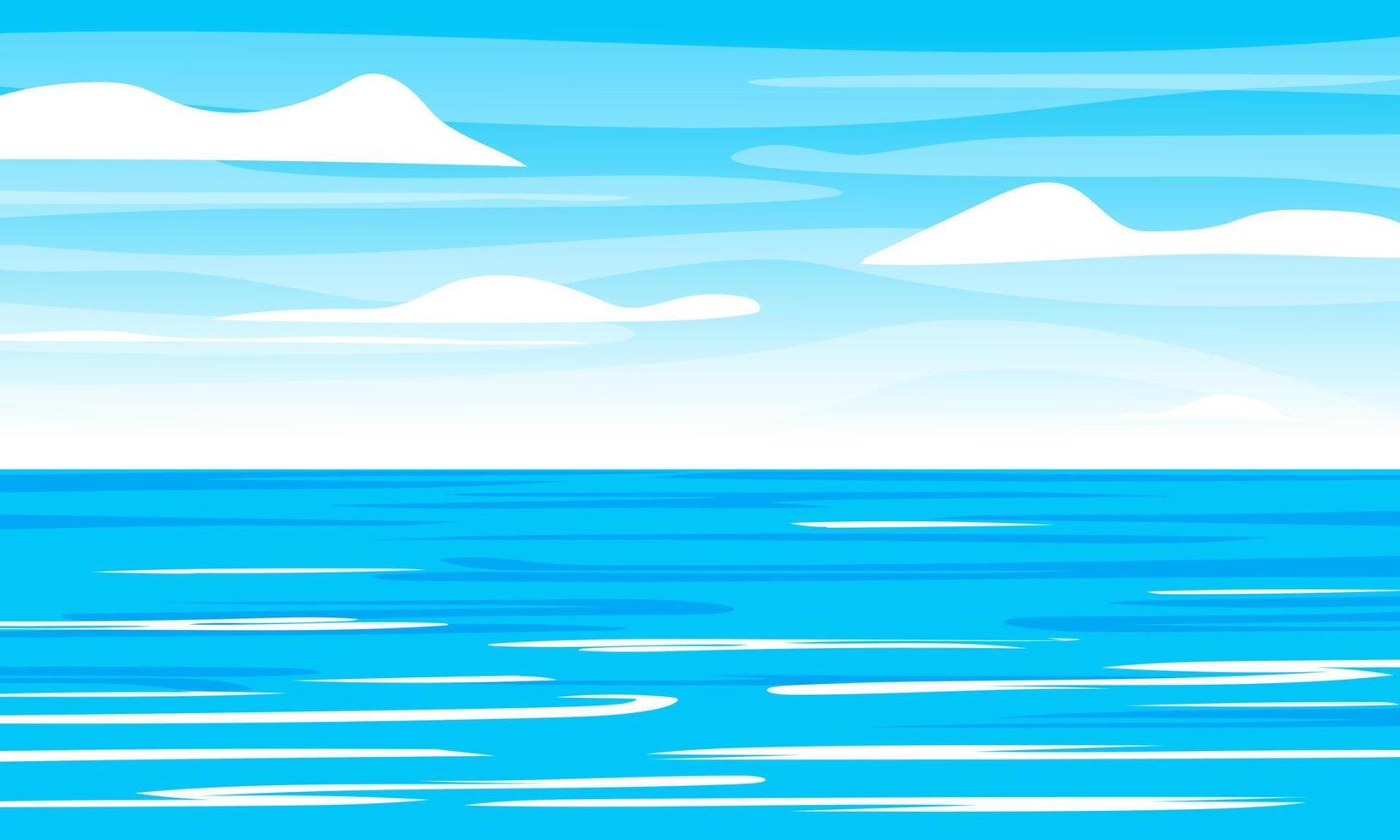 Blue sea with clouds on sky. Summer background with copy space. Vector illustration.