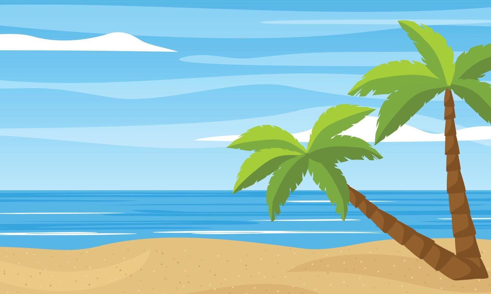 Beach scene with a palm tree on the beach. Summer sea background. Vector illustration.