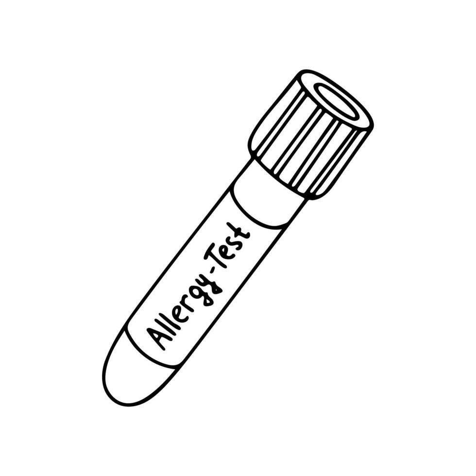 Doodle of Test tube with allergy test. Vector illustration of Laboratory chemical equipment isolated on the white background. Design element for clinics, hospitals, pharmacies, chemical lab.