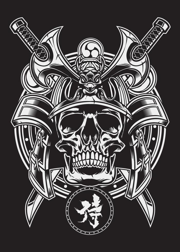 Samurai warrior skull with traditional japanese sword and samurai word in kanji vector