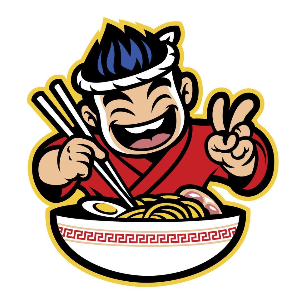 japonés dibujos animados cocinero comiendo el ramen vector