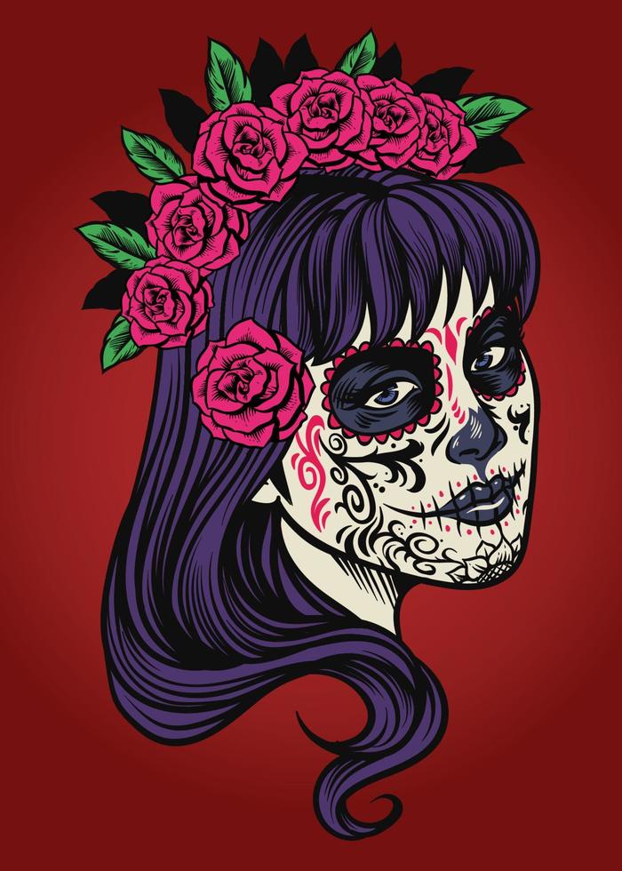 beautiful woman wearing sugar skull make up vector