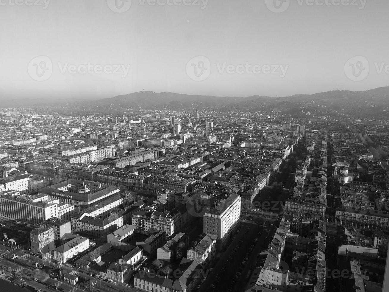 Aerial view of Turin in black and white photo