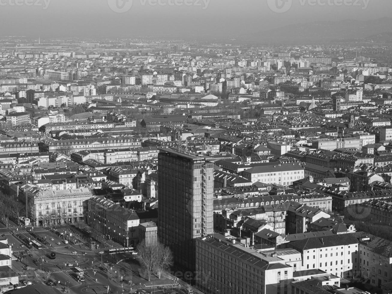 Aerial view of Turin in black and white photo