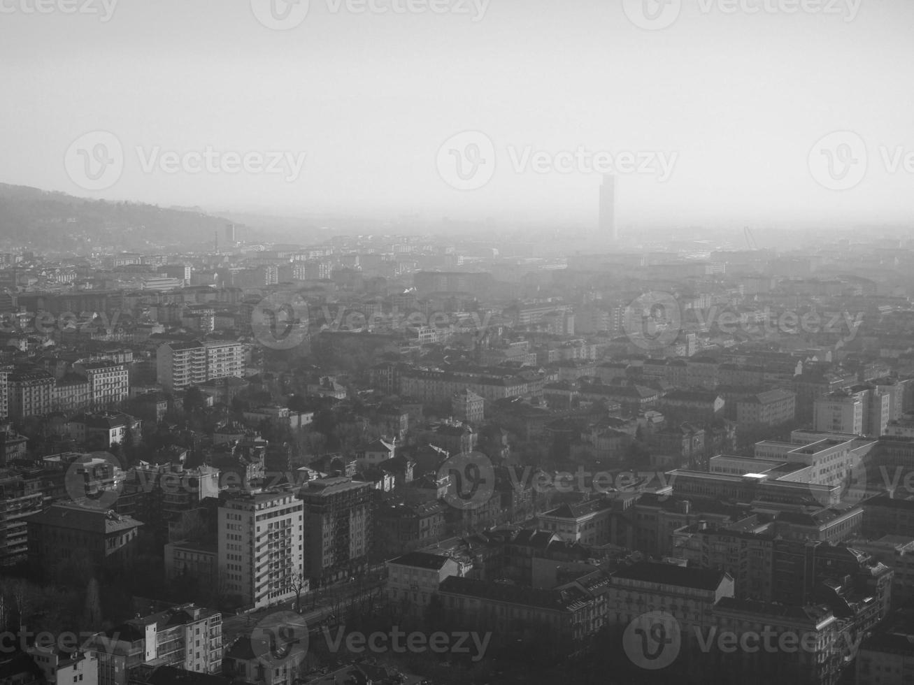 Aerial view of Turin with smog in black and white photo
