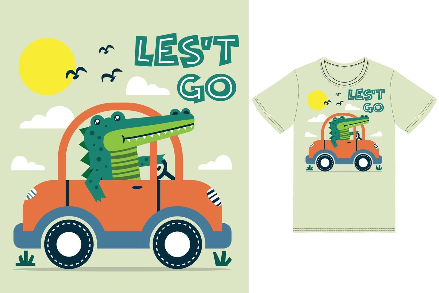 Cute alligator driving car illustration with tshirt design premium vector