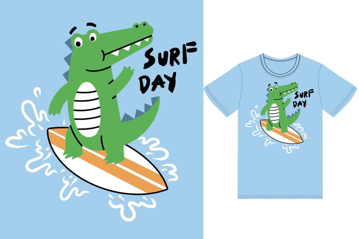 Cute alligator surfing illustration with tshirt design premium vector