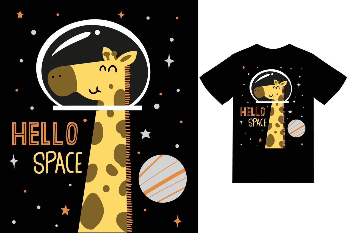 Cute giraffe in space illustration with tshirt design premium vector