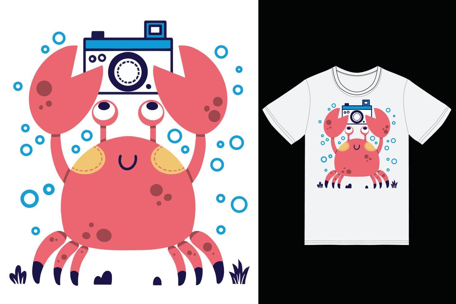 Cute crab holding camera illustration with tshirt design premium vector