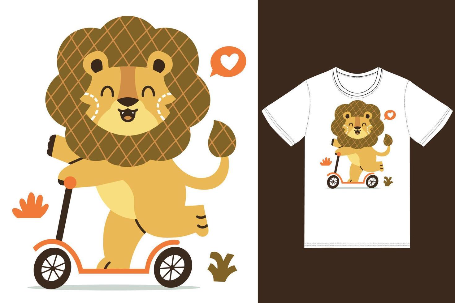 Cute lion riding scooter illustration with tshirt design premium vector
