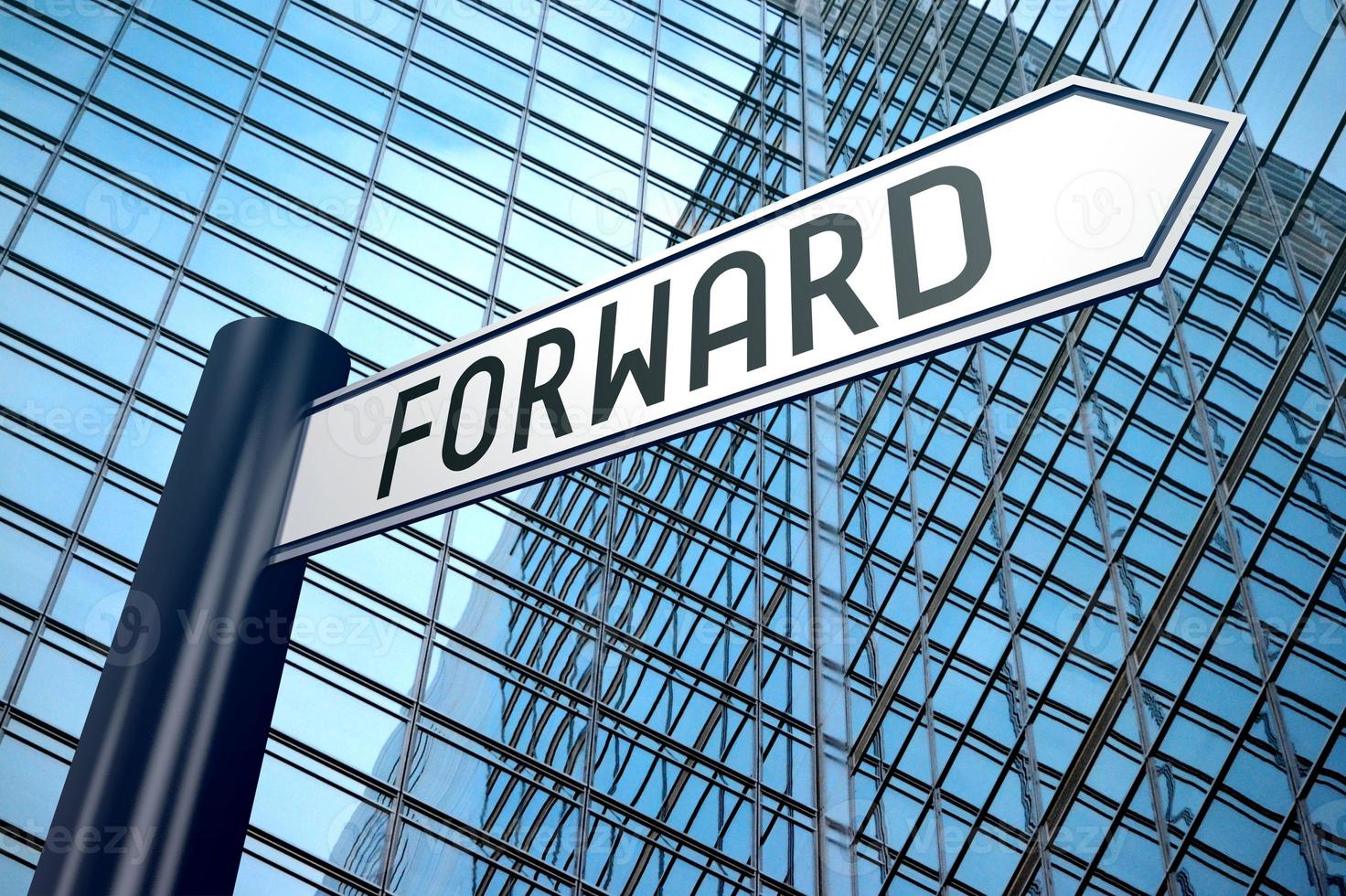 Forward - Signpost With One Arrow, Modern Office Building in Background photo