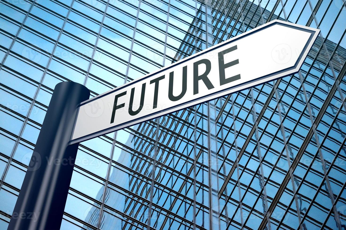 Future - Signpost With One Arrow, Modern Office Building in Background photo