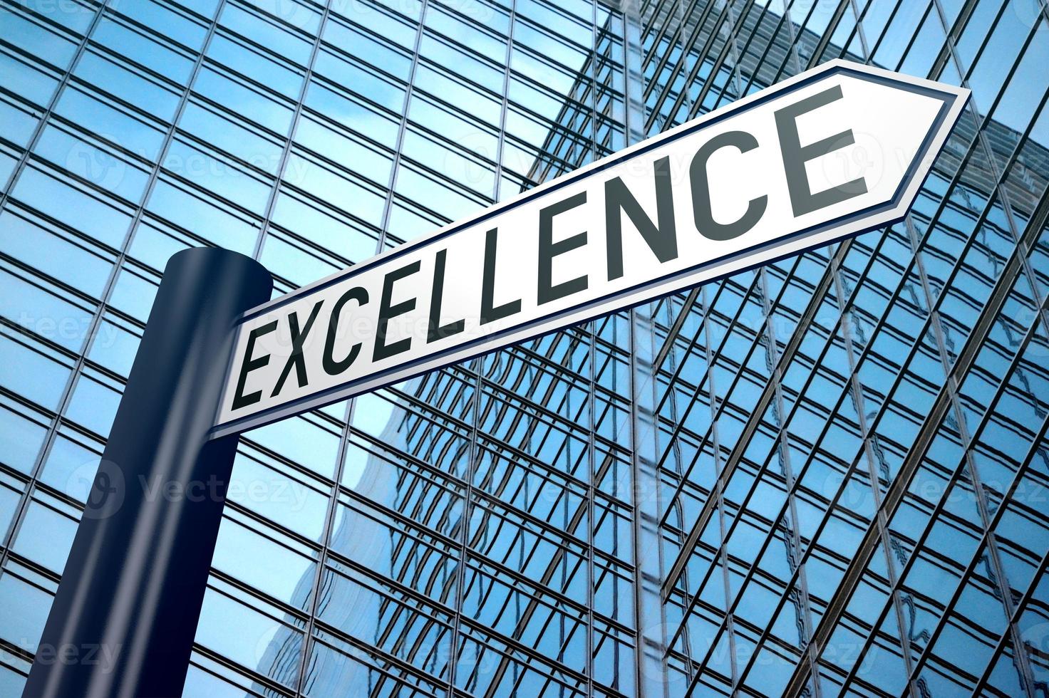 Excellence - Signpost With One Arrow, Modern Office Building in Background photo