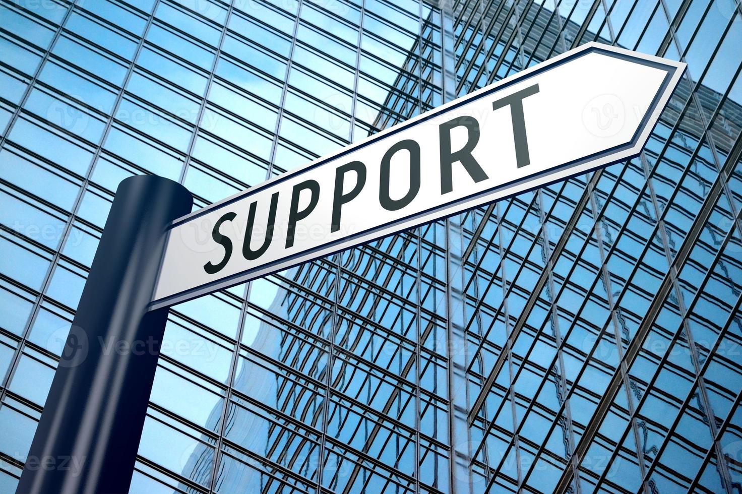 Support - Signpost With One Arrow, Modern Office Building in Background photo