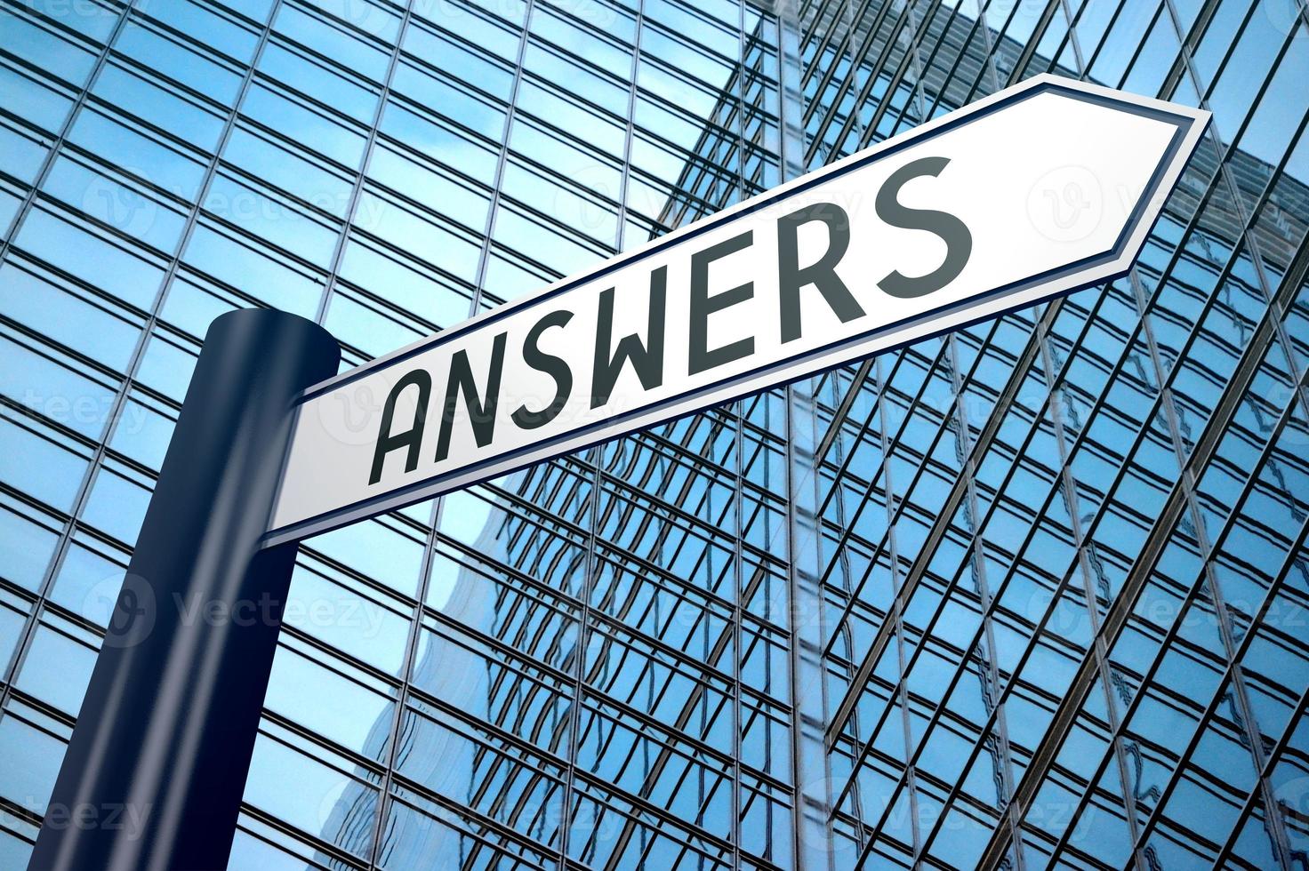 Answers - Signpost With One Arrow, Modern Office Building in Background photo