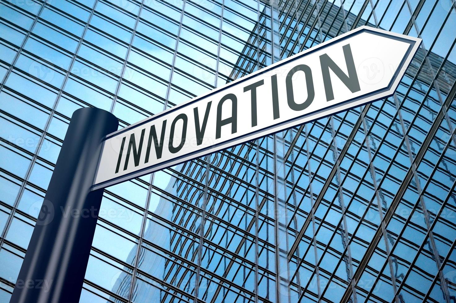 Innovation - Signpost With One Arrow, Modern Office Building in Background photo