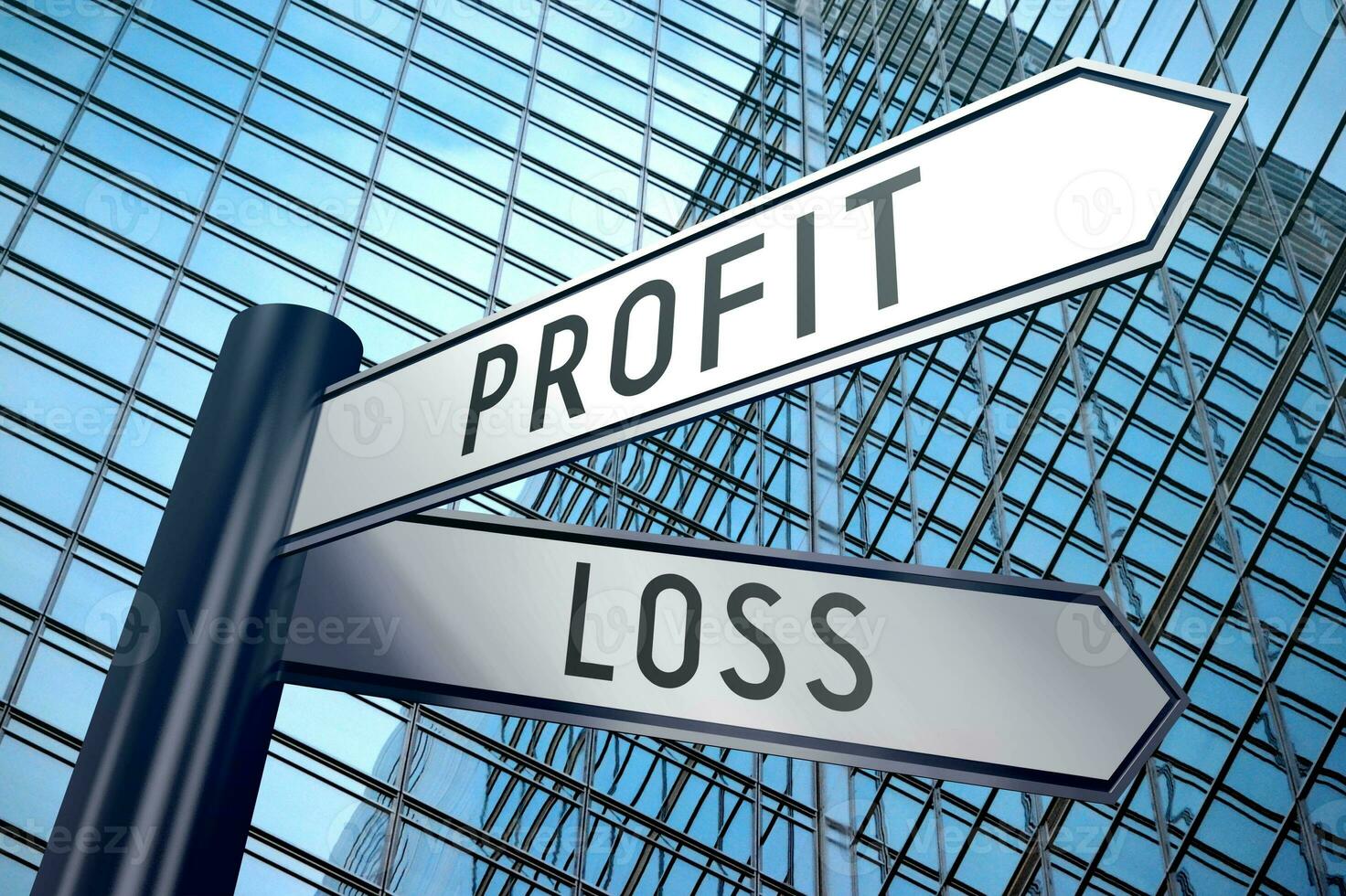 Profit and Loss - Signpost With Two Arrows, Office Building in Background photo