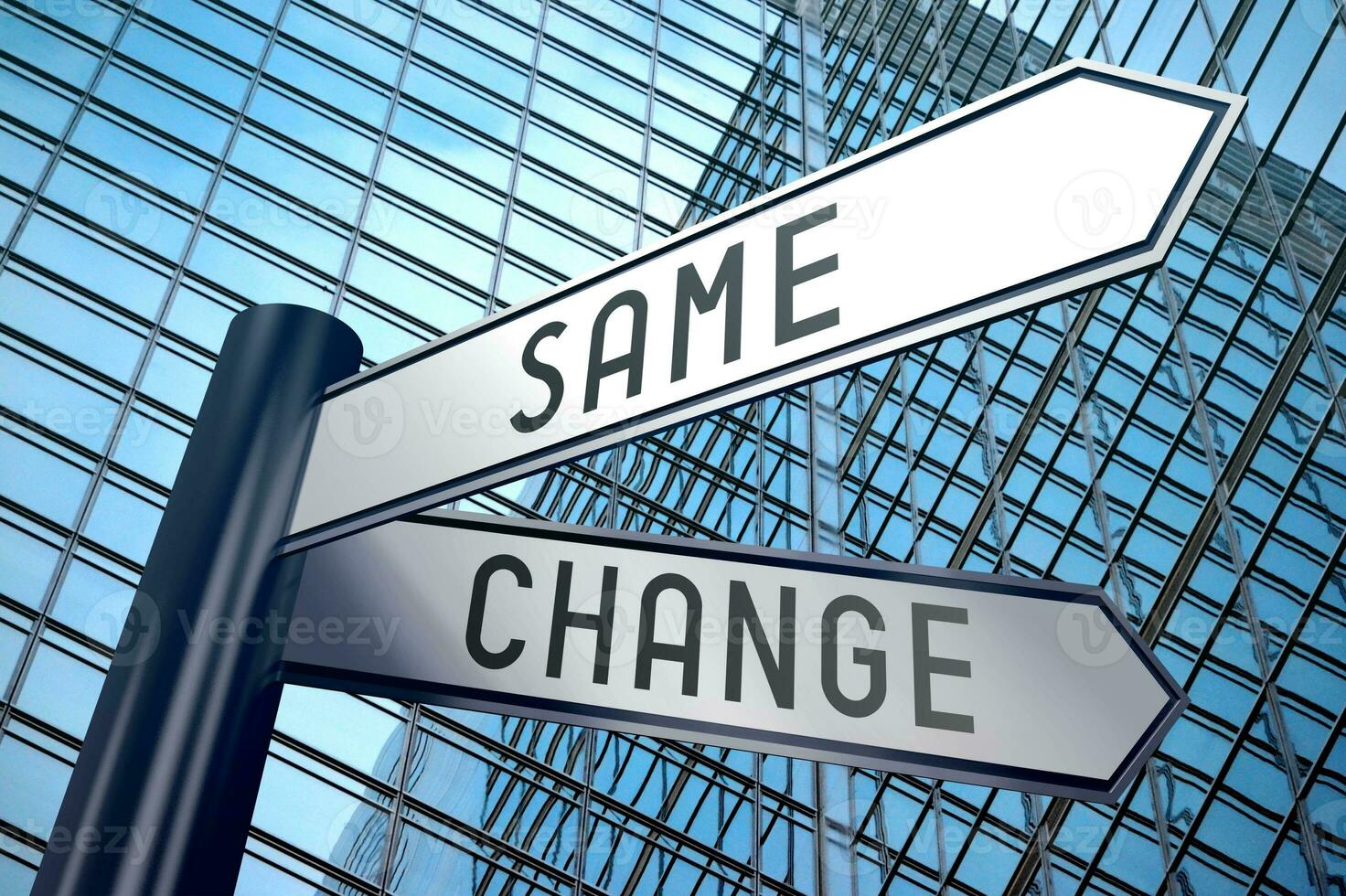 Same or Change - Signpost With Two Arrows, Office Building in Background photo