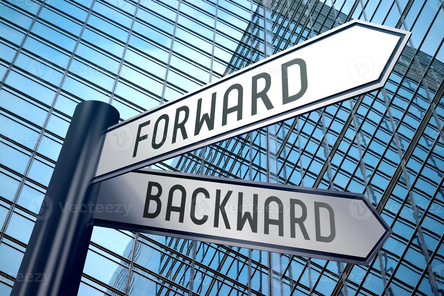 Forward and Backward - Signpost With Two Arrows, Office Building in Background photo