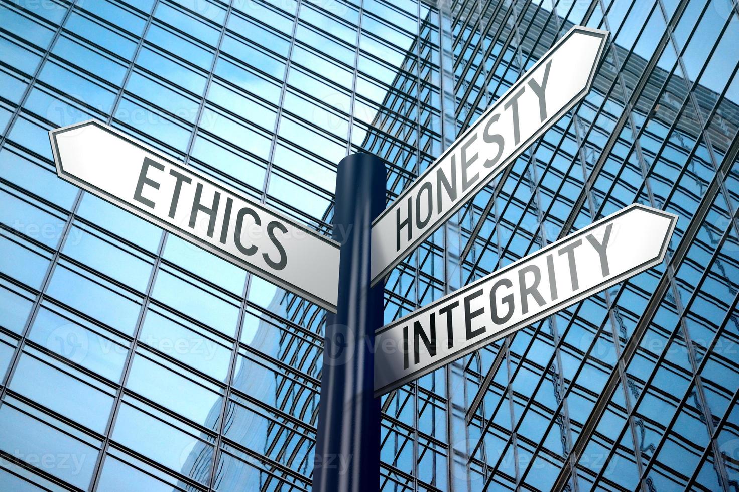 Ethics Concept - Signpost With Three Arrows, Office Building in Background photo
