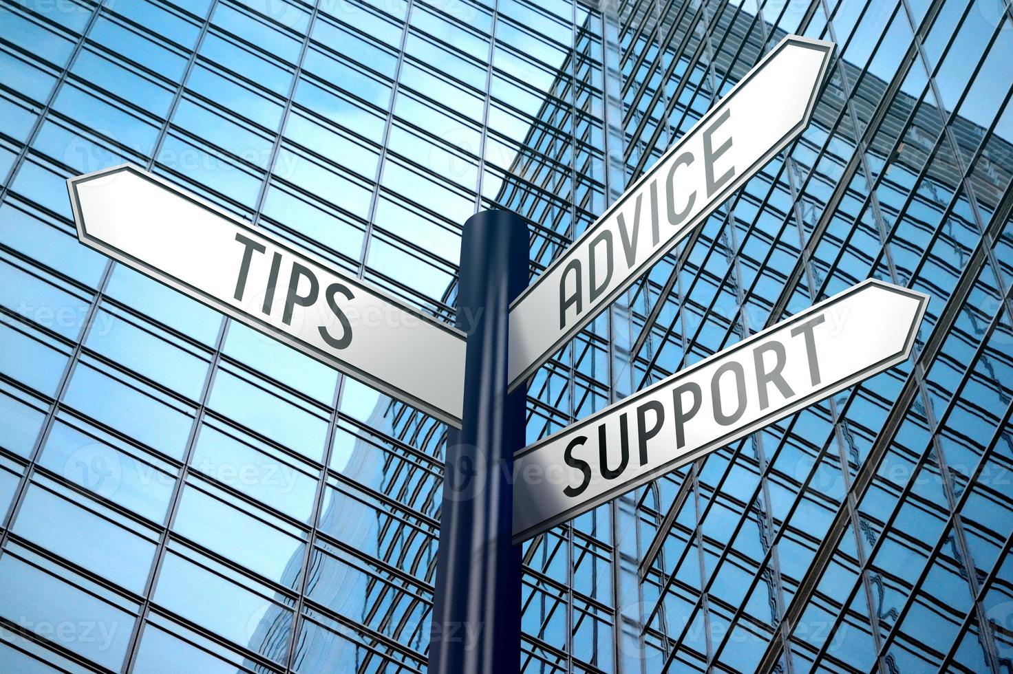 Tips, Advice, Support - Signpost With Three Arrows, Office Building in Background photo