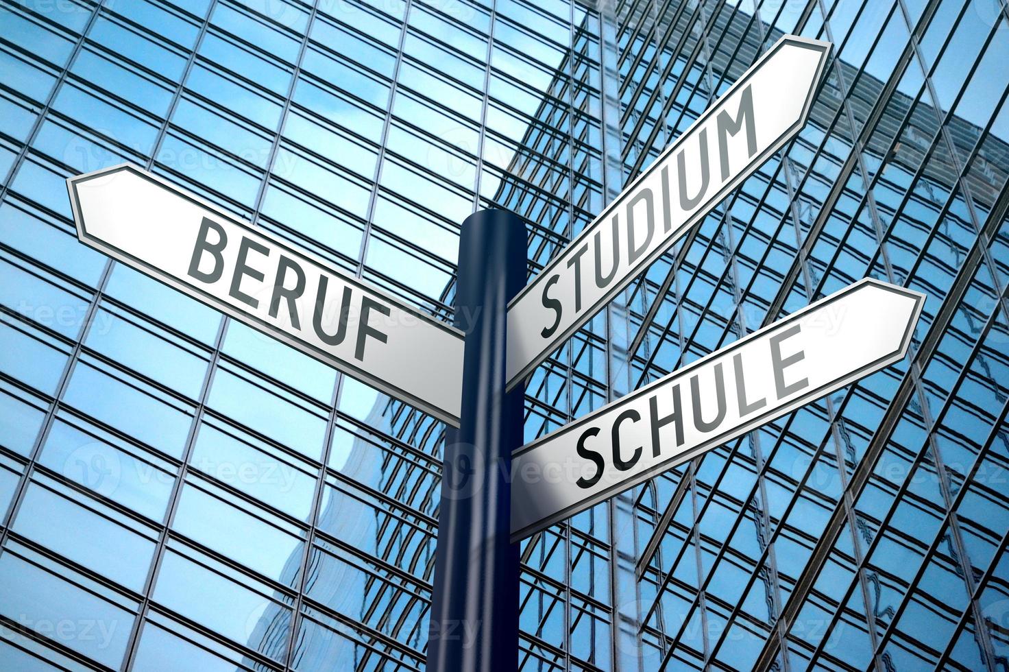 Beruf, Studium, Schule in German, Occupation, Studies, School in English - Signpost With Three Arrows photo