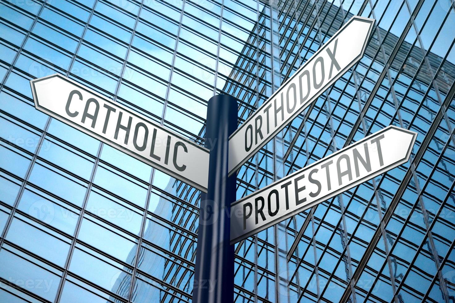 Religion Concept - Signpost With Three Arrows, Office Building in Background photo