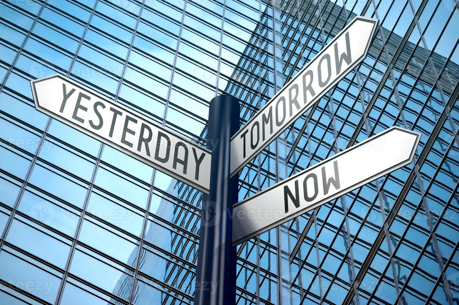 Time Concept - Signpost With Three Arrows, Office Building in Background photo