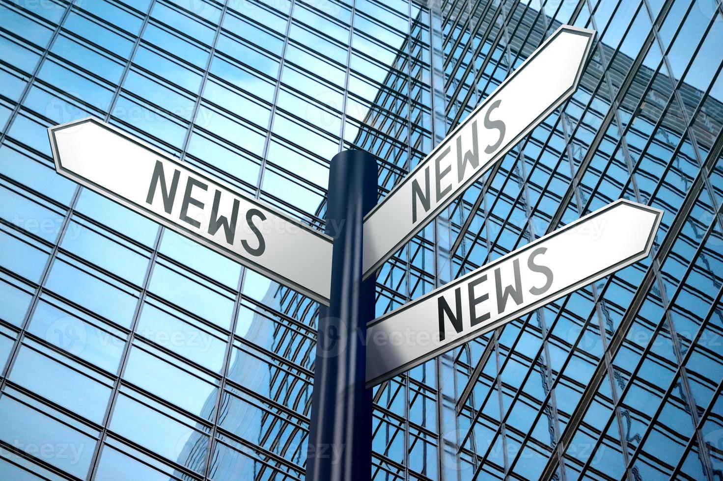 News Concept - Signpost With Three Arrows, Office Building in Background photo