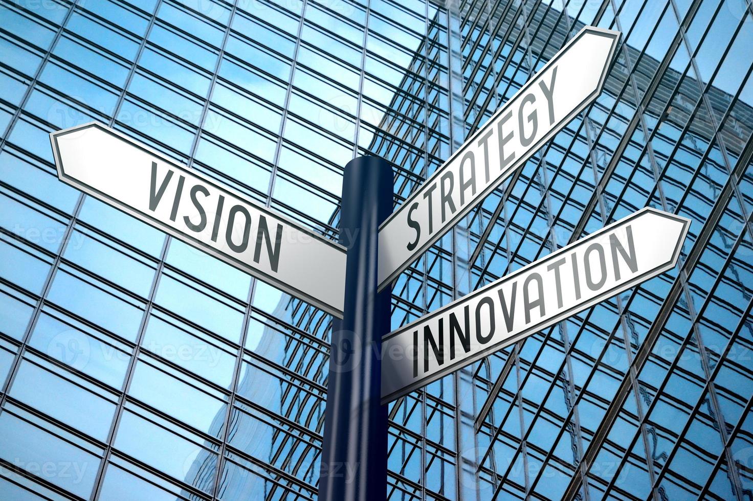 Vision, Strategy, Innovation - Signpost With Three Arrows, Office Building in Background photo
