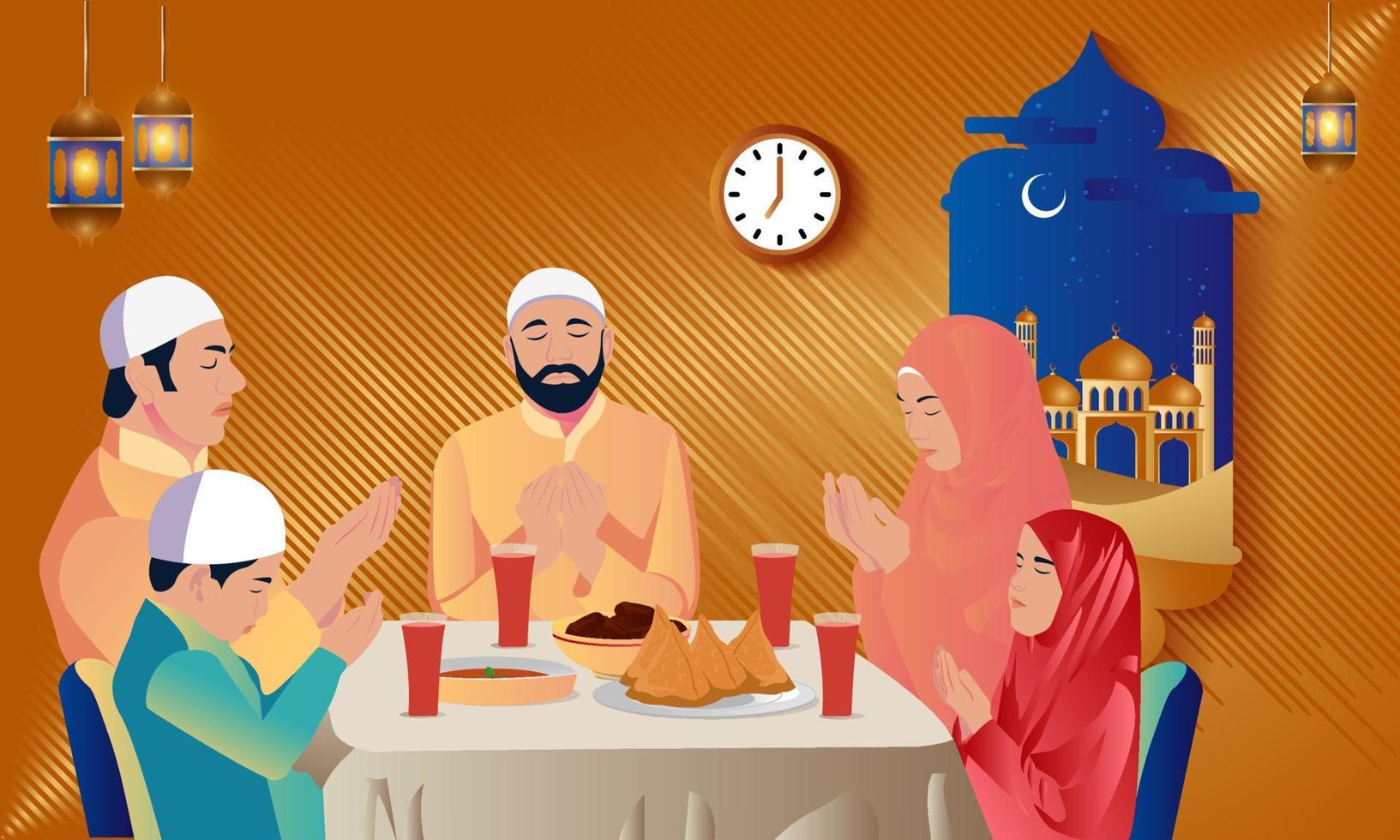 Ramadán iftar hora con familia oraciones vector diseño