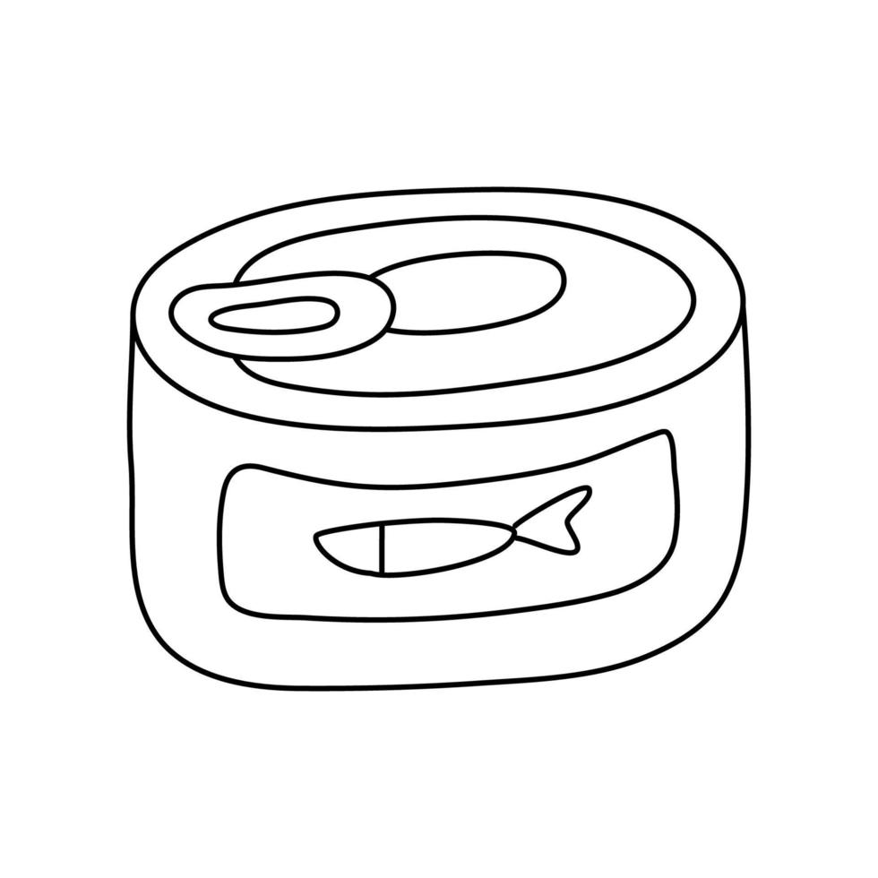 Canned fish. Hand drawn vector illustration in doodle style on white background. Isolated black outline. Camping equipment.