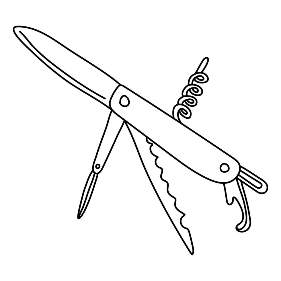 Camp folding multi knife. Hand drawn vector illustration in doodle style on white background. Isolated black outline.  Camping and tourism equipment.