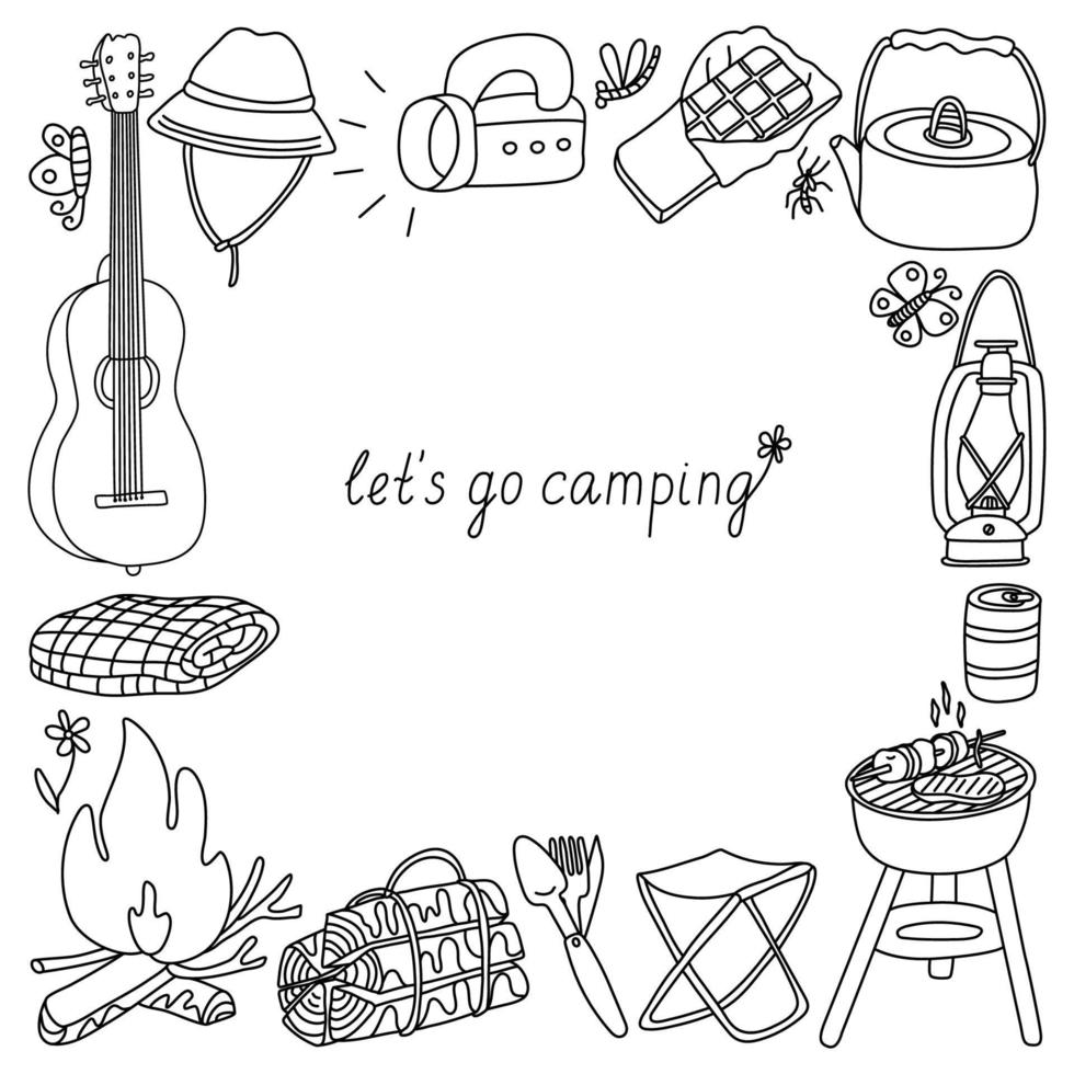 Doodle square frame with camp equipment. Hand drawn sketch illustration isolated on white. Black outlines. Campfire, lantern, barbeque, guitar and other things for outdoor rest. vector