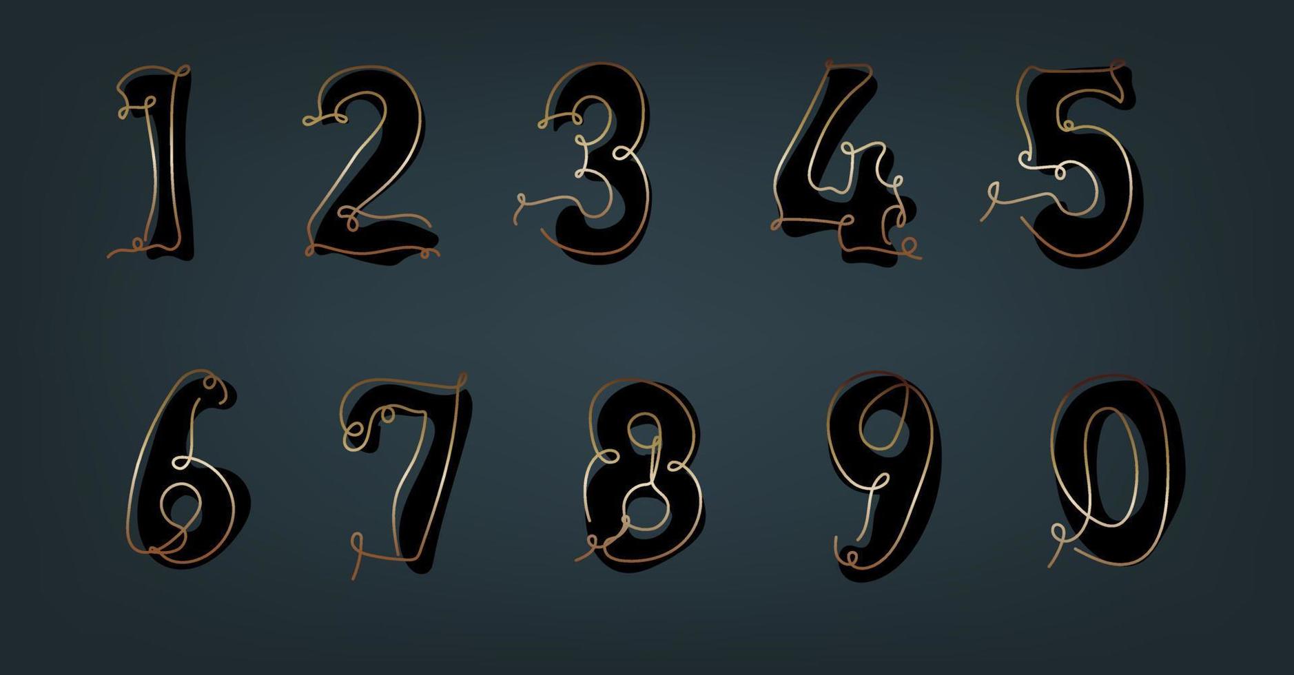 Set of luxury ten numbers form zero to nine in line art style. vector