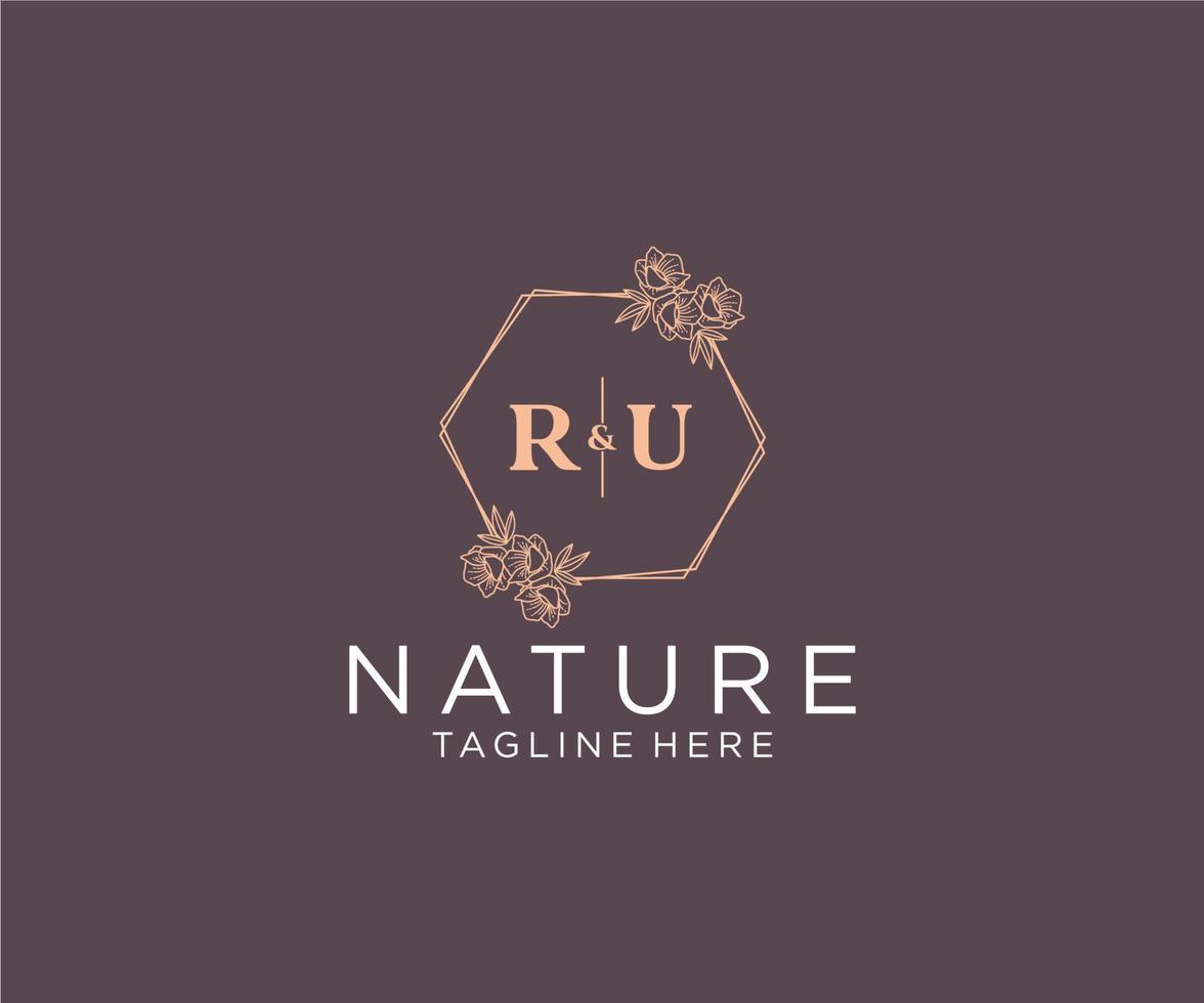 initial RU letters floral frames. Botanical feminine editable premade monoline unique decoration for greeting card, wedding invitation. vector
