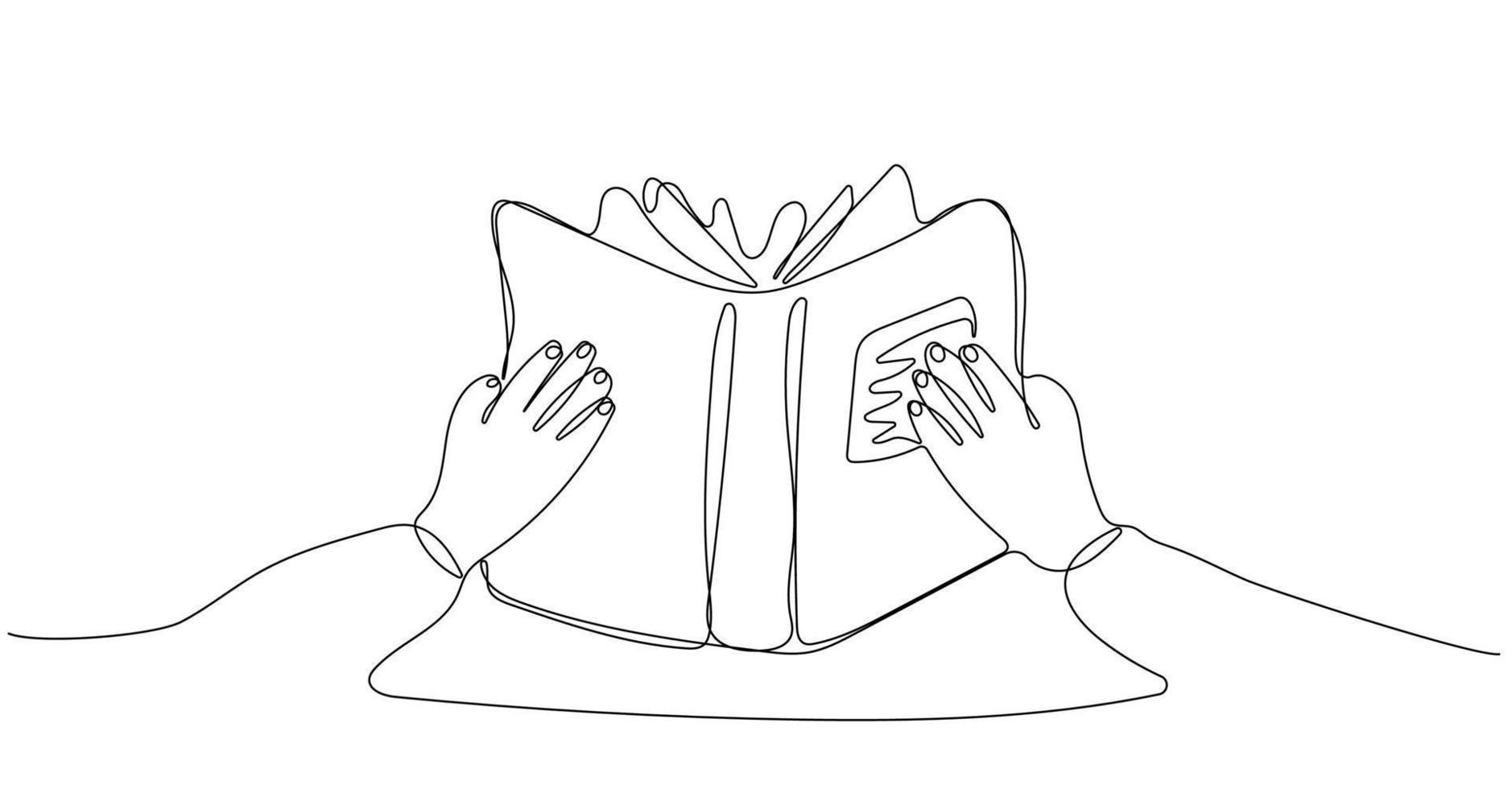 Continuous one line drawing of a hands holding open book flying