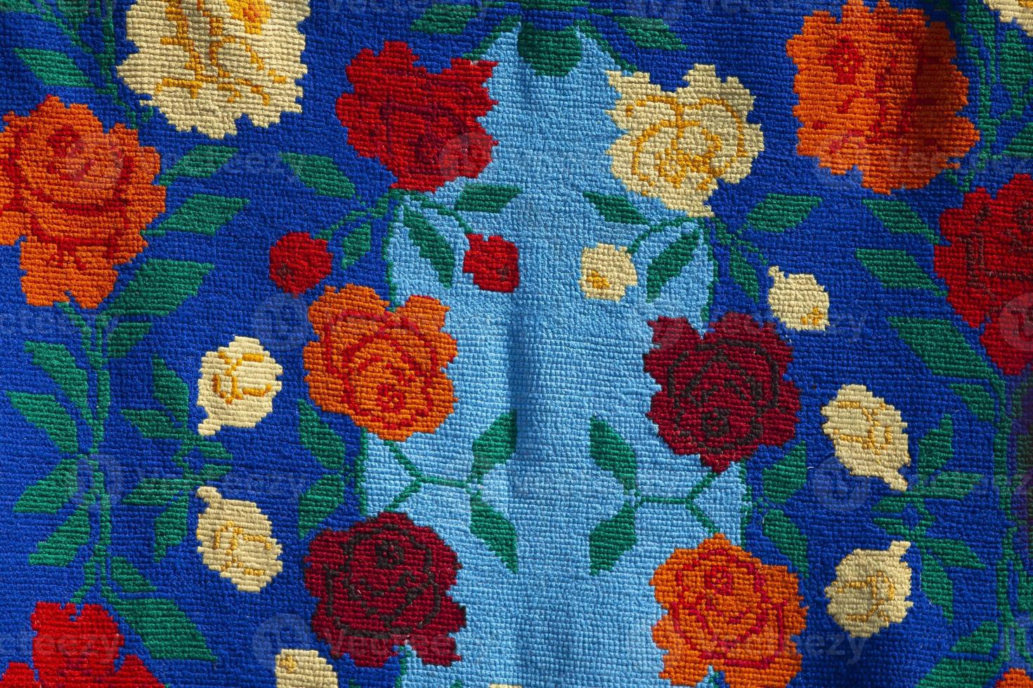 Slavic embroidered towels. National Ukrainian or Belarusian ethnic patterns on the fabric. photo