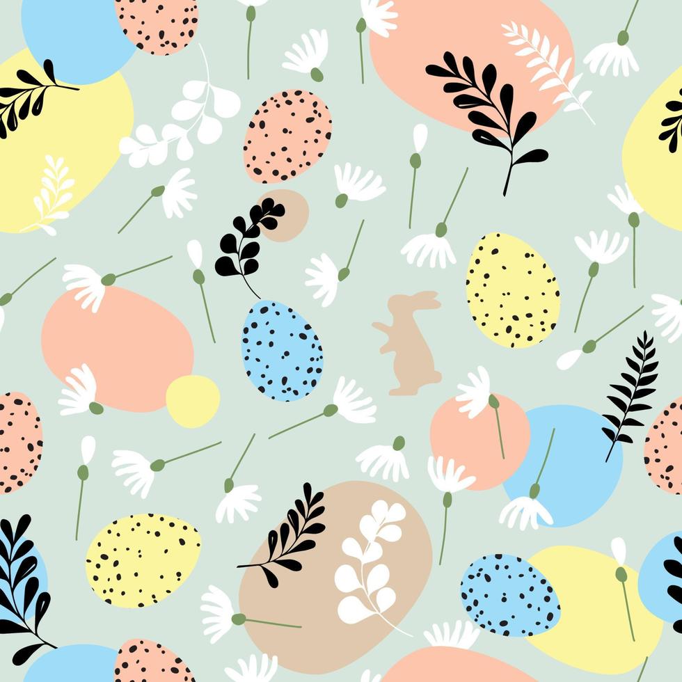 Cute hand drawn Easter seamless pattern with bunnies, flowers, Easter eggs, beautiful background, great for Easter Cards, banner, textiles, wallpapers. vector