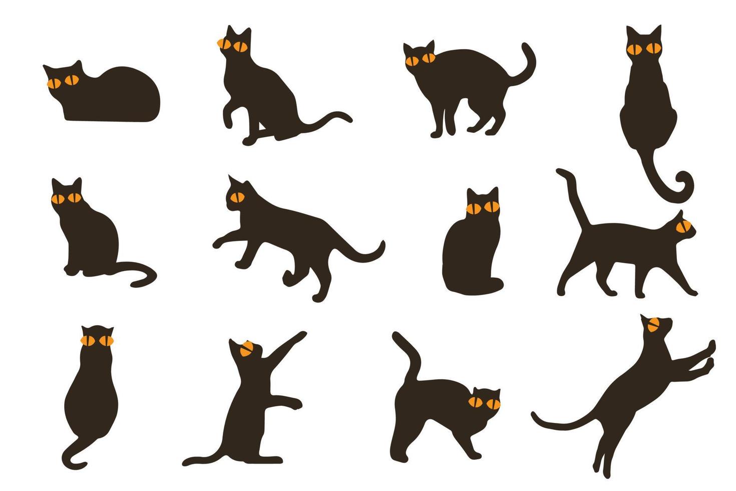 Set vector silhouettes of the cat, different poses, standing, jumping and sitting, black color, isolated on white background. vintage cats icons.