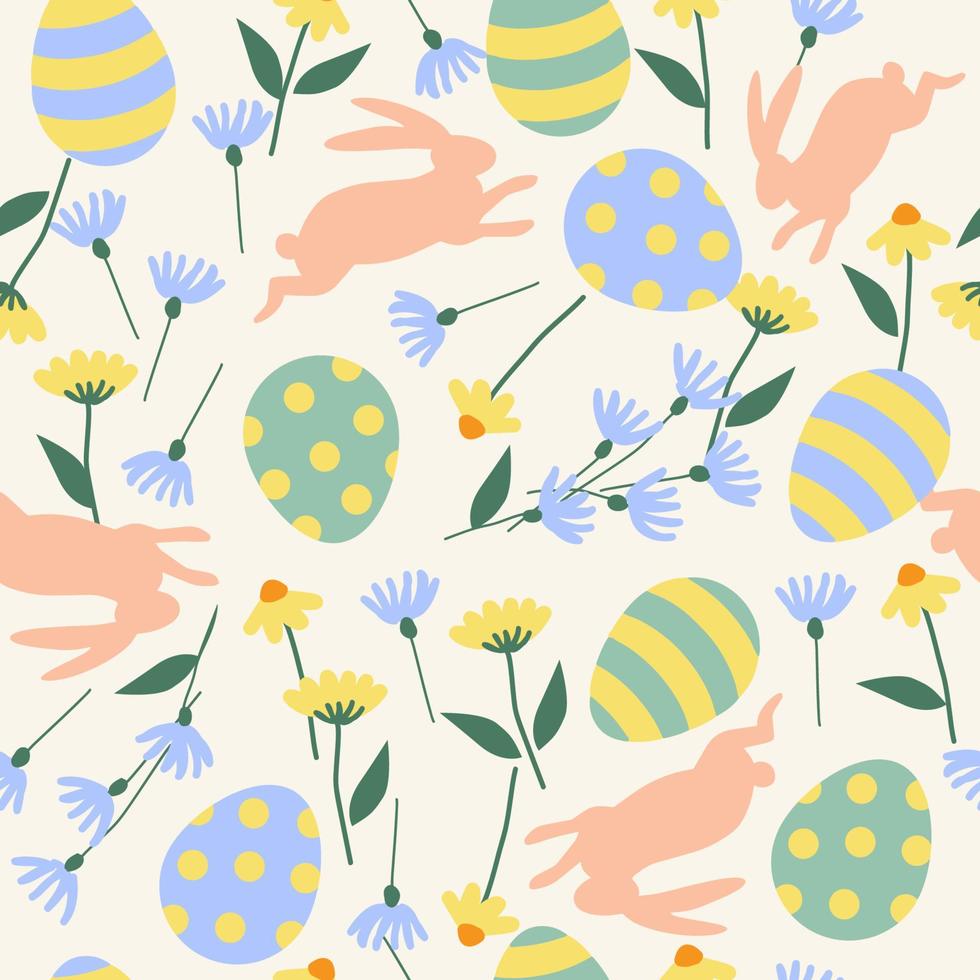 Cute hand drawn Easter seamless pattern with bunnies, flowers, Easter eggs, beautiful background, great for Easter Cards, banner, textiles, wallpapers. vector