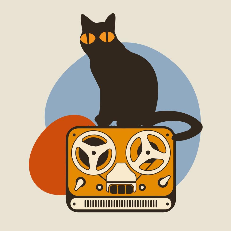 Vector silhouettes of the cat with retro media icon, Cute and funny vintage vector.