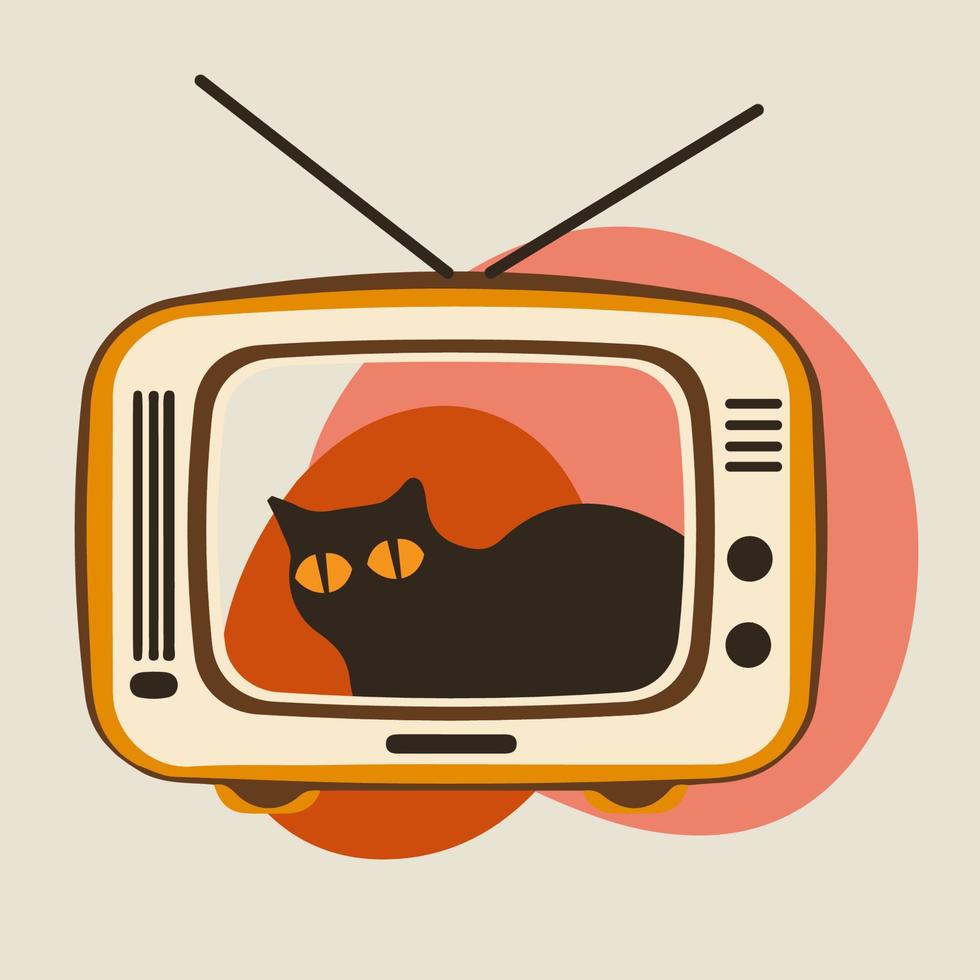 Vector silhouettes of the cat with retro media icon, Cute and funny vintage vector.