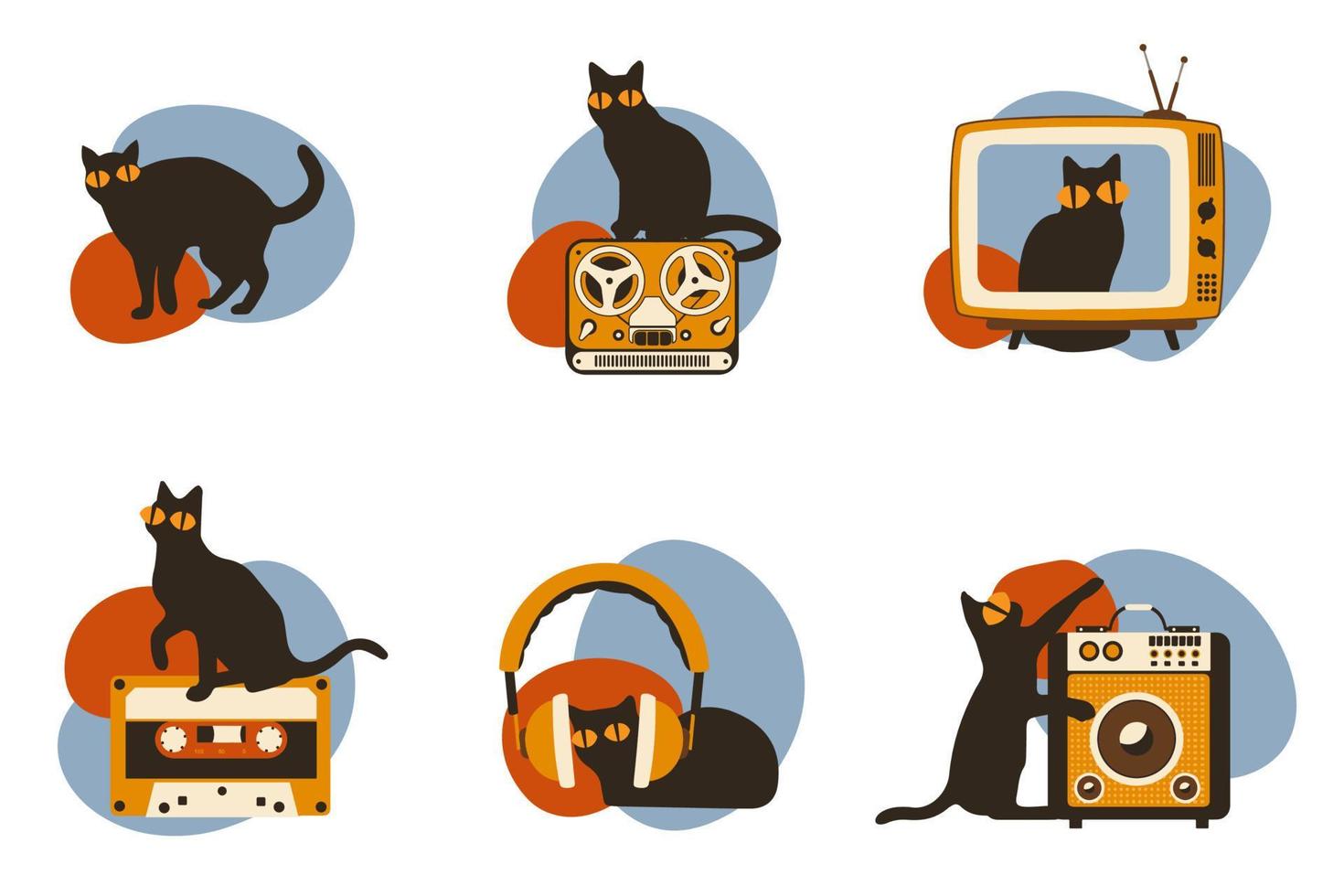 conjunto vector siluetas de el gato con retro medios de comunicación icono, diferente poses en blanco fondo, linda y gracioso vector.
